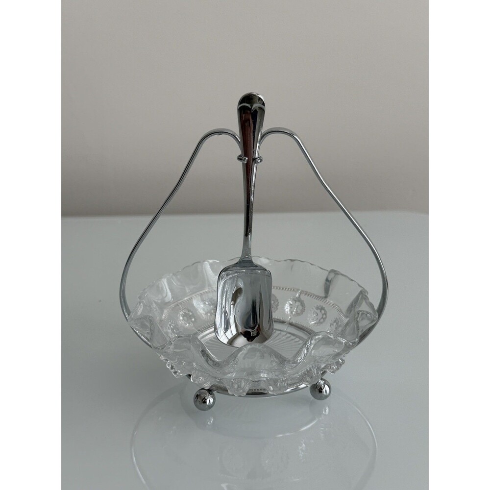 Vtg CELTIC Caviar Relish Sauce Server Bowl Clear Ruffle Glass w/Spoon England